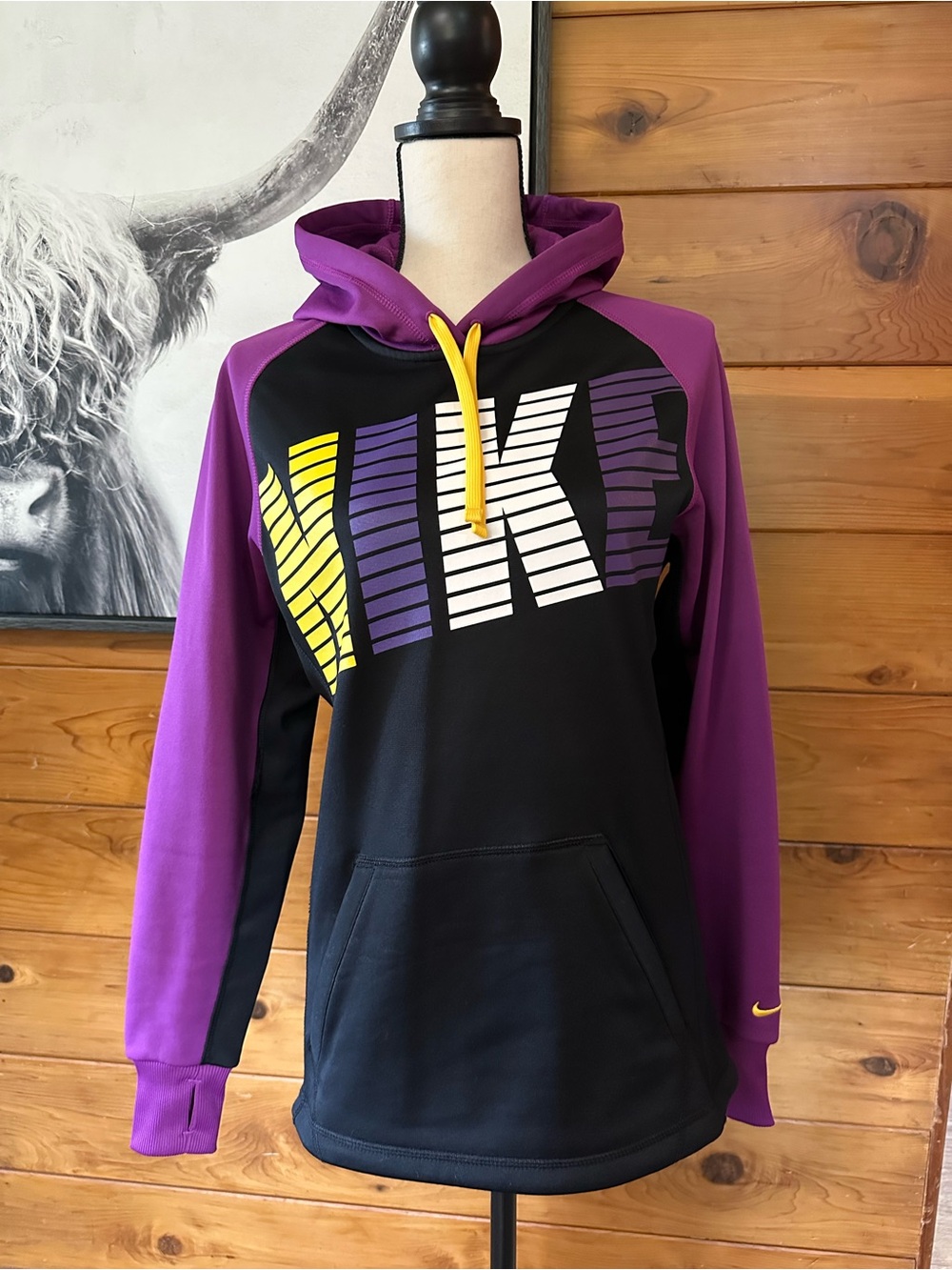 Nike Black and Purple Crewneck Sweatshirt with Yellow Accents